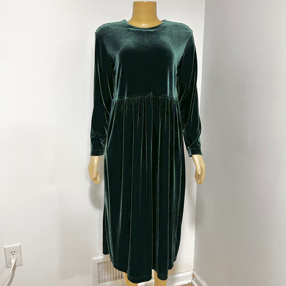 Jacqueline Ferrar Forest Green Velvet Empire Waist Midi Dress Pockets Womens 6P